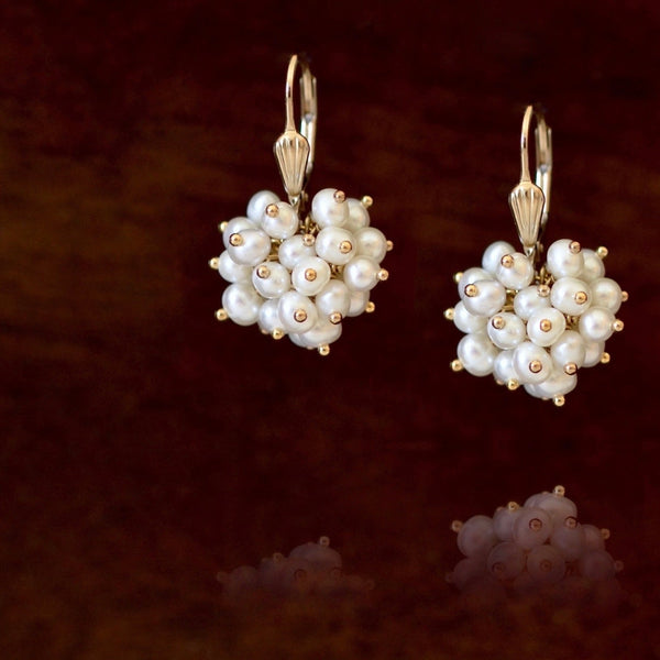 Claudia -  White Freshwater Pearls, 14k Gold Filled Cluster Earrings