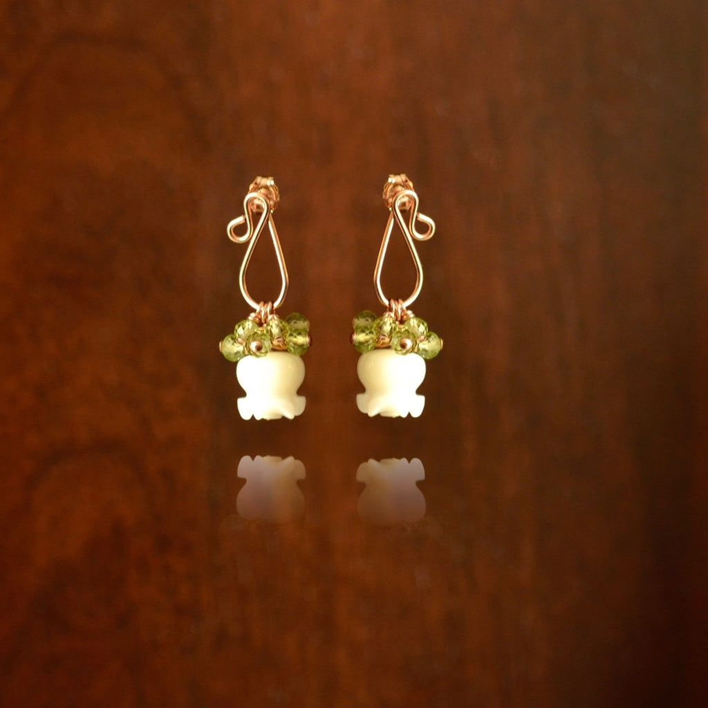 Alhely - Carved Mother of Pearl Flower, Peridots, 14k Rose Gold Filled Earrings