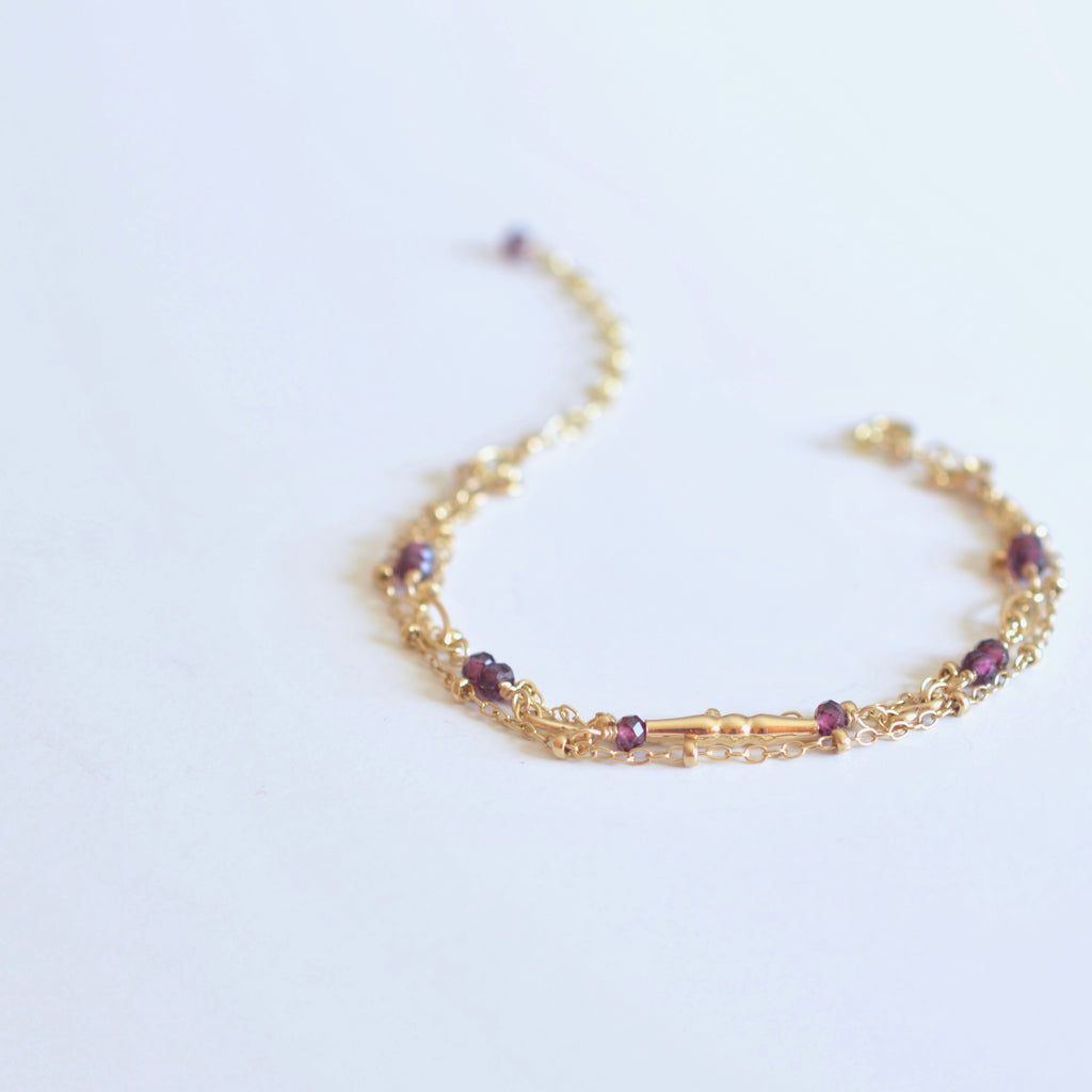 Amalia - Rhodolite Garnet, 14k Gold Filled, Three Strand Bracelet