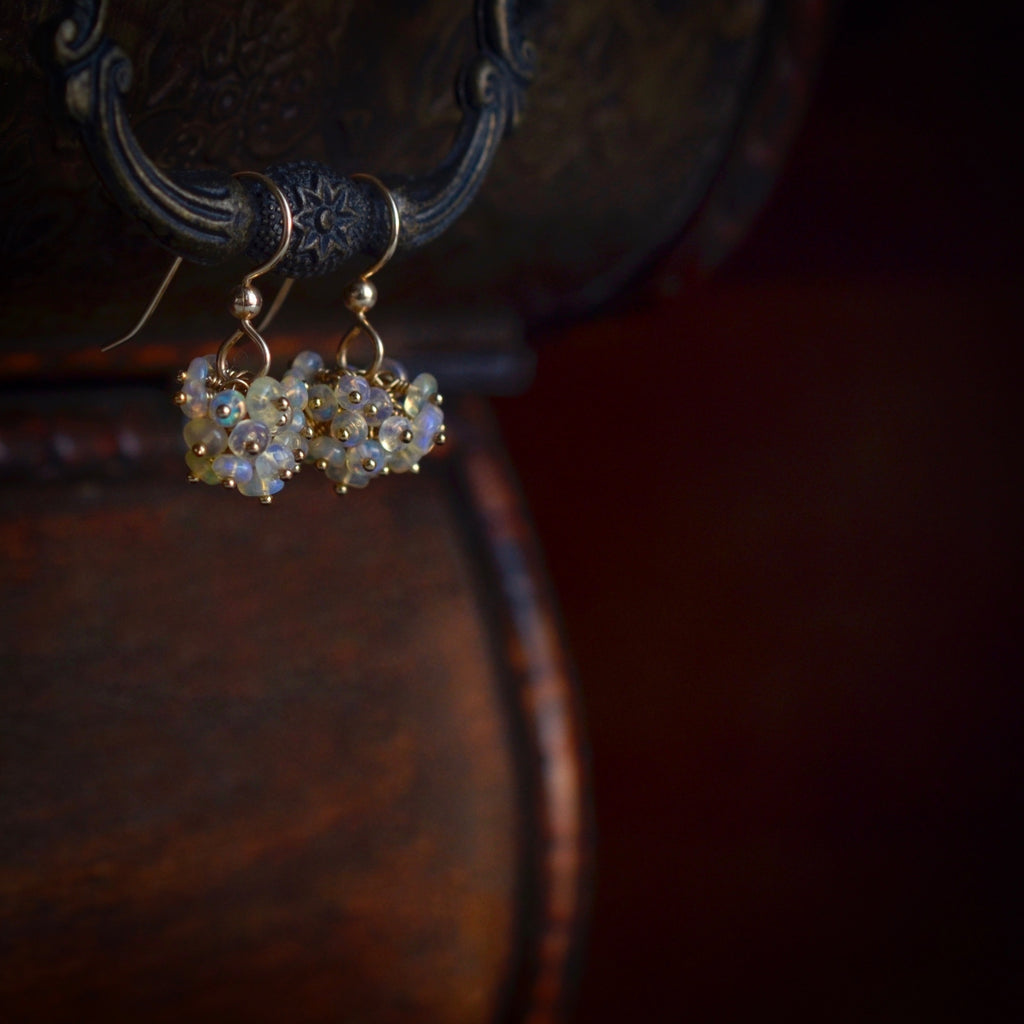 Ethiopian Welo Opal Drops and Gold Drop Link Solid 14k Gold Earrings   Jenco Studio
