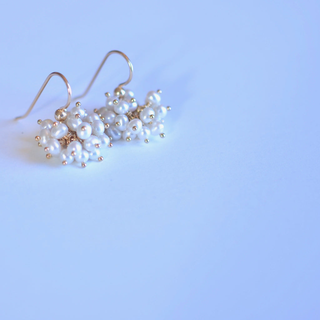 Claudia -  White Freshwater Pearls, 14k Gold Filled Cluster Earrings