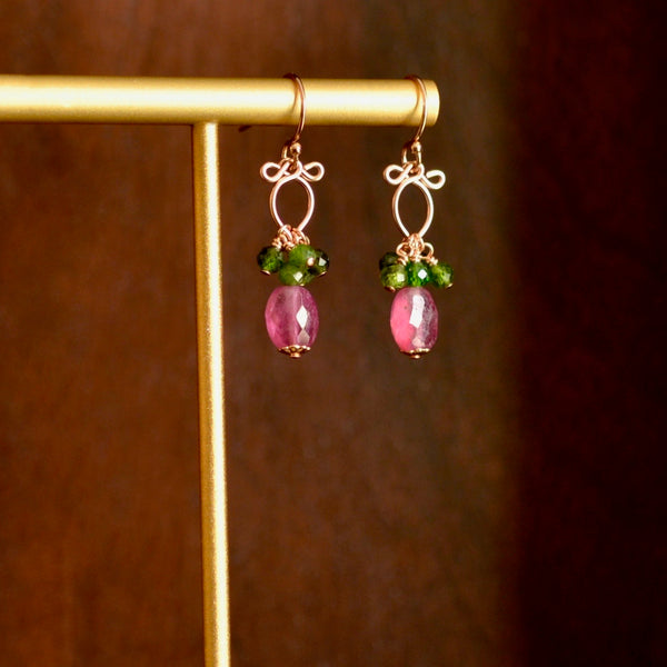 Eliana - Pink Sapphires, Chrome Diopside, 14k Rose Gold Filled Earrings