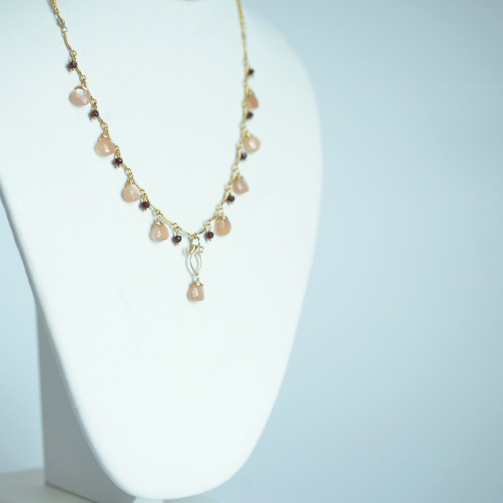Valentina - Peach Moonstone, Red Garnet 14k Gold Filled Necklace